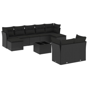 10 pcs conjunto sofás de jardim c/ almofadões vime PE preto H