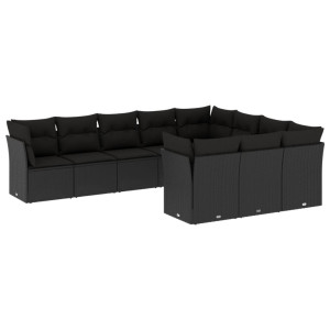 10 pcs conjunto sofás de jardim c/ almofadões vime PE preto H