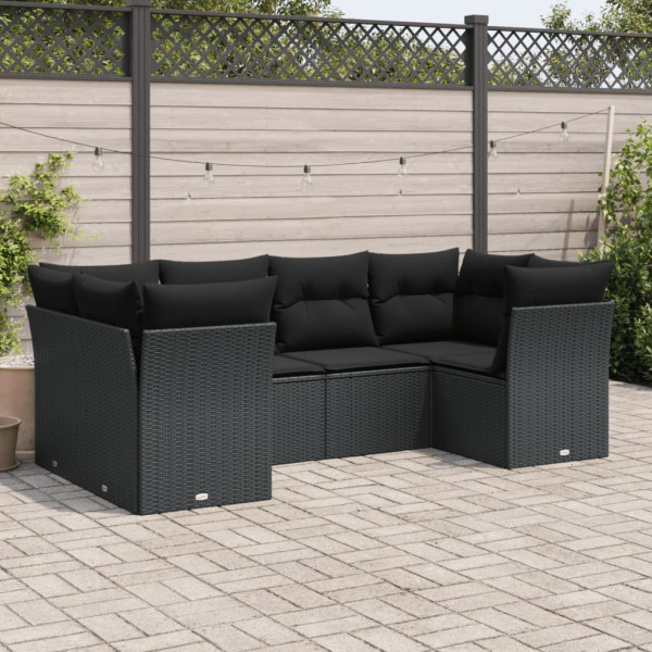 6 pcs conjunto sofás de jardim c/ almofadões vime PE preto D