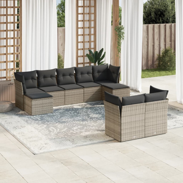 9 pcs conjunto sofás p/ jardim com almofadões vime PE cinzento D