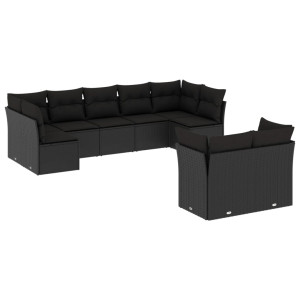 9 pcs conjunto de sofás p/ jardim c/ almofadões vime PE preto H