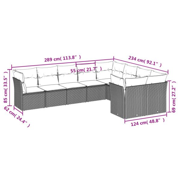 Set de muebles de jardín 9 pzas y cojines ratán sintético gris M 3