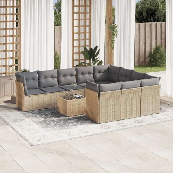 Set de sofás de jardín 11pzas con cojines ratán sintético beige D