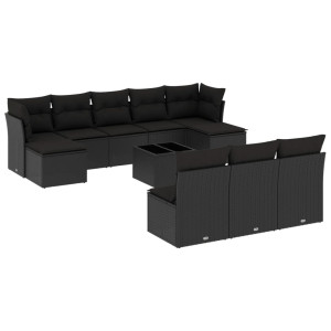 11 pcs conjunto sofás de jardim c/ almofadões vime PE preto H