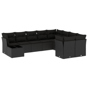 10 pcs conjunto sofás de jardim c/ almofadões vime PE preto H