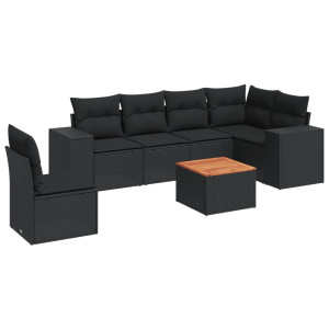 7 pcs conjunto de sofás p/ jardim c/ almofadões vime PE preto H
