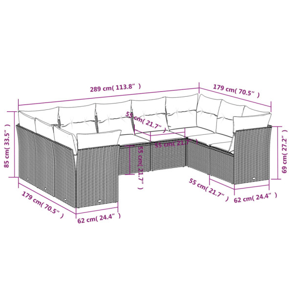 9 pcs conjunto sofás p/ jardim com almofadões vime PE cinzento M 3