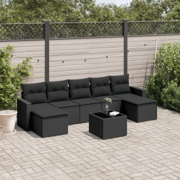 8 pcs conjunto sofás de jardim com almofadões vime PE preto D