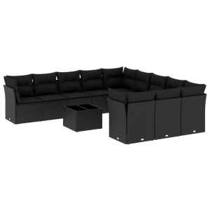 12 pcs conjunto de sofás de jardim c/ almofadões vime PE preto H