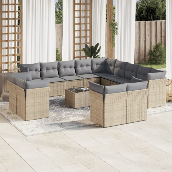 Set sofás de jardín 14 pzas con cojines ratán sintético beige D