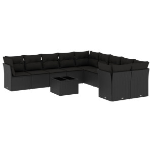 11 pcs conjunto sofás de jardim c/ almofadões vime PE preto H