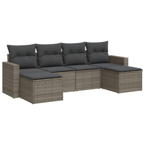 6 pcs conjunto sofás de jardim com almofadões vime cinzento H