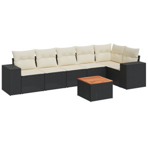 7 pcs conjunto de sofás p/ jardim c/ almofadões vime PE preto H
