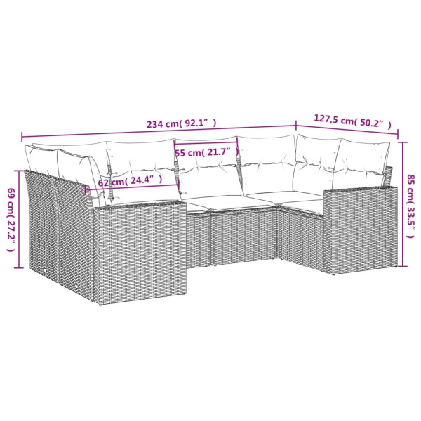 6 pcs conjunto sofás de jardim c/ almofadões vime PE preto M 3