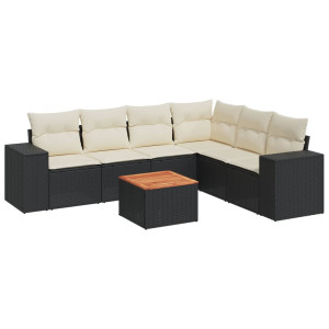7 pcs conjunto de sofás p/ jardim c/ almofadões vime PE preto H