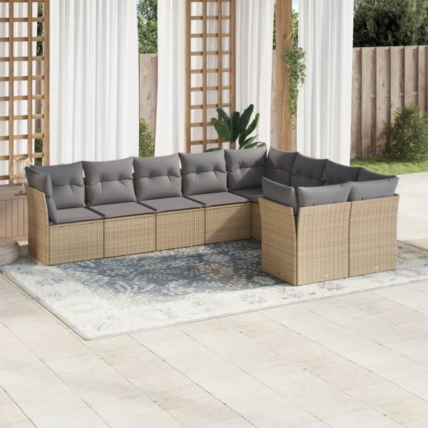 Set de sofás de jardín 9 pzas con cojines ratán sintético beige D