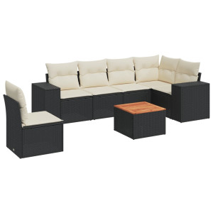 7 pcs conjunto de sofás p/ jardim c/ almofadões vime PE preto H