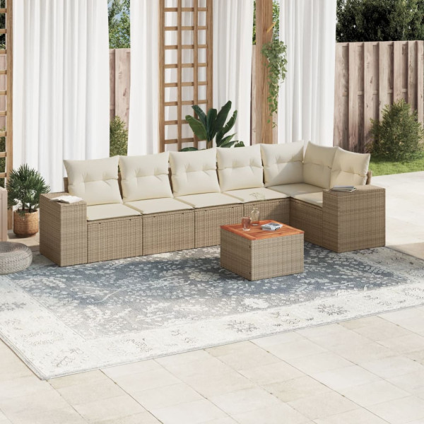 Set sofás de jardín 7 piezas y cojines ratán sintético beige D
