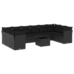 11 pcs conjunto sofás de jardim c/ almofadões vime PE preto H