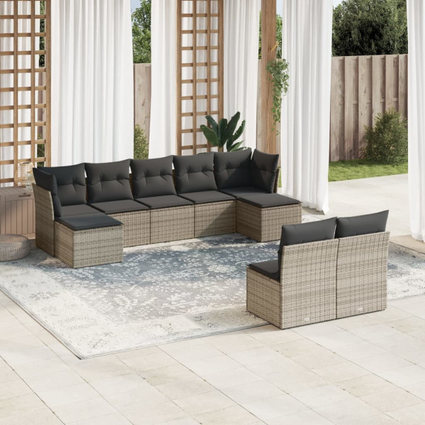 9 pcs conjunto sofás p/ jardim com almofadões vime PE cinzento D