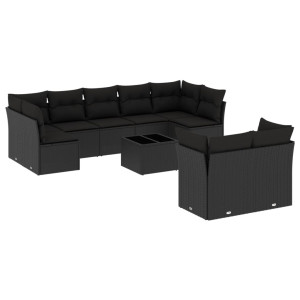 10 pcs conjunto sofás de jardim c/ almofadões vime PE preto H