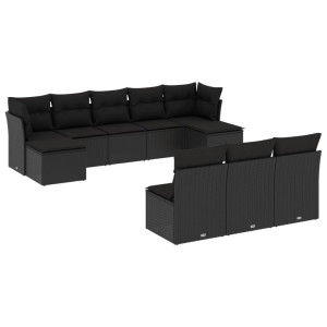 10 pcs conjunto sofás de jardim c/ almofadões vime PE preto H