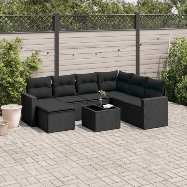 8 pcs conjunto sofás de jardim com almofadões vime PE preto D