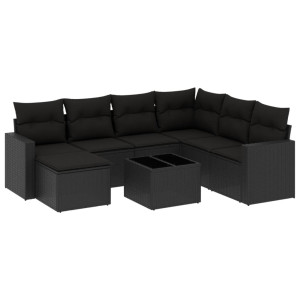 8 pcs conjunto sofás de jardim com almofadões vime PE preto H