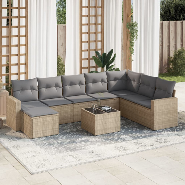 Set de sofás de jardín 9 pzas con cojines ratán sintético beige D