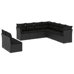 9 pcs conjunto de sofás p/ jardim c/ almofadões vime PE preto H