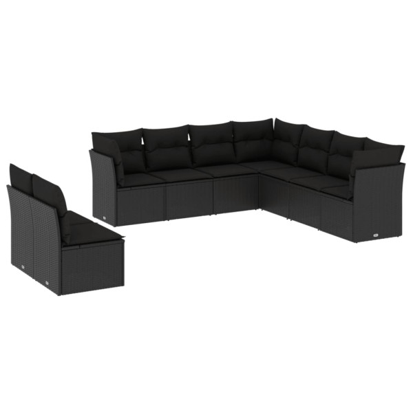 9 pcs conjunto de sofás p/ jardim c/ almofadões vime PE preto M 2