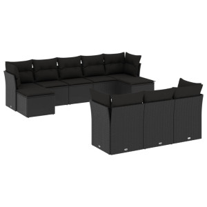 10 pcs conjunto sofás de jardim c/ almofadões vime PE preto H