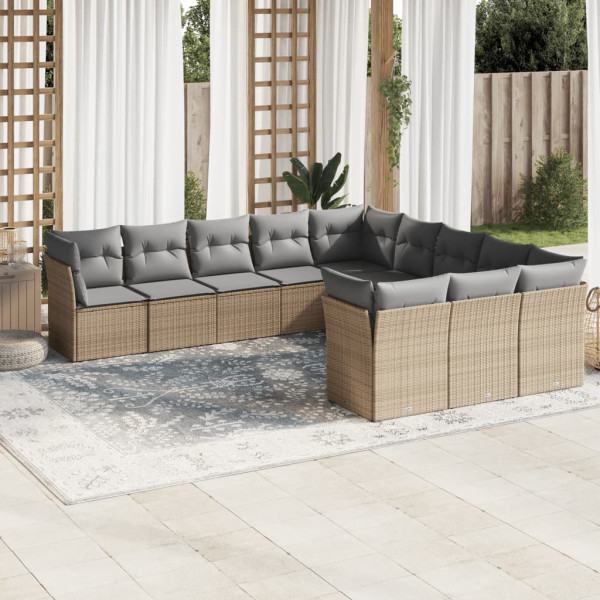 Set de sofás de jardín 11pzas con cojines ratán sintético beige D