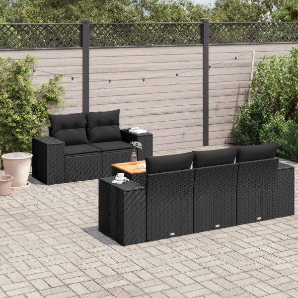 6 pcs conjunto sofás de jardim c/ almofadões vime PE preto D