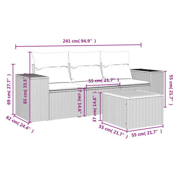 4 pcs conjunto sofás de jardim c/ almofadões vime PE cinzento M 3