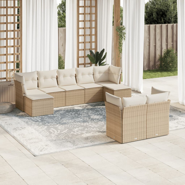 Set de sofás de jardín 9 pzas con cojines ratán sintético beige D