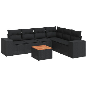 7 pcs conjunto de sofás p/ jardim c/ almofadões vime PE preto H