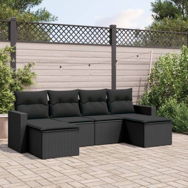 6 pcs conjunto sofás de jardim c/ almofadões vime PE preto D