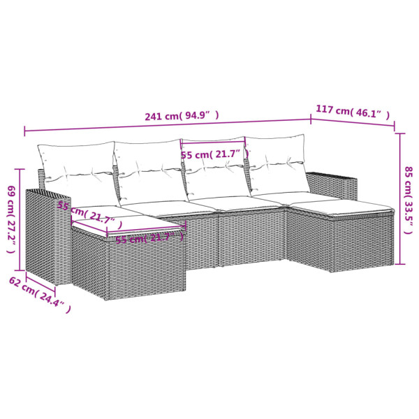 Set muebles de jardín 6 piezas y cojines ratán sintético negro M 3