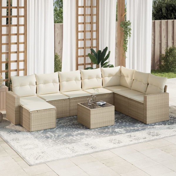 Set de sofás de jardín 9 pzas con cojines ratán sintético beige D