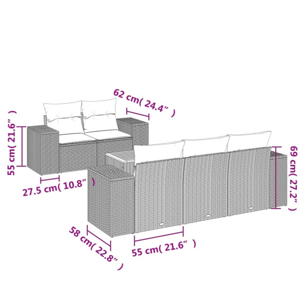 Set de muebles de jardín 6 pzas y cojines ratán sintético gris M 3