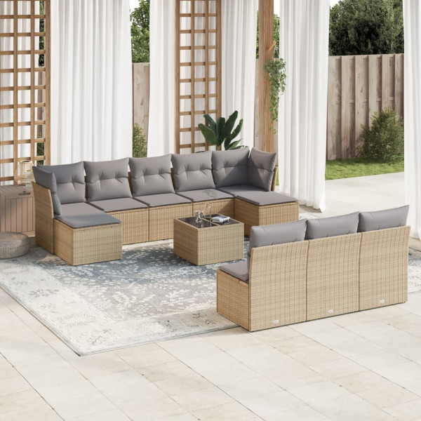 Set de sofás de jardín 11pzas con cojines ratán sintético beige D