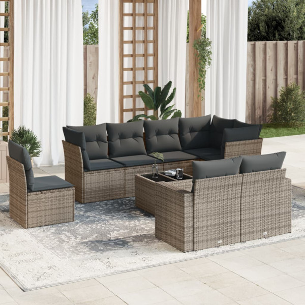 9 pcs conjunto sofás p/ jardim com almofadões vime PE cinzento D