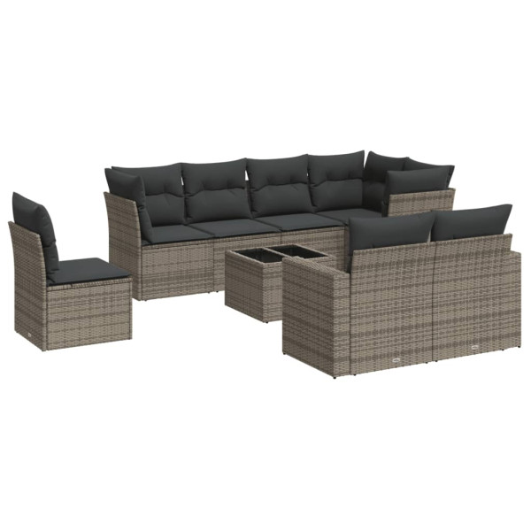 Set de muebles de jardín 9 pzas y cojines ratán sintético gris M 2