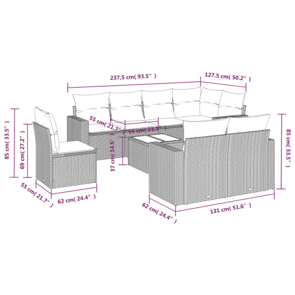 9 pcs conjunto sofás p/ jardim com almofadões vime PE cinzento M 3