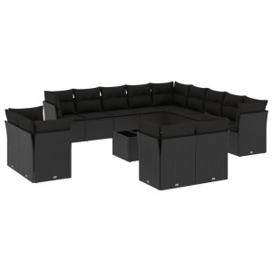 14 pcs conjunto de sofás p/ jardim c/ almofadões vime PE preto H