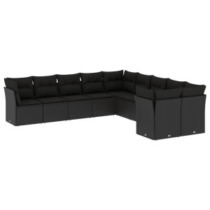 10 pcs conjunto sofás de jardim c/ almofadões vime PE preto H