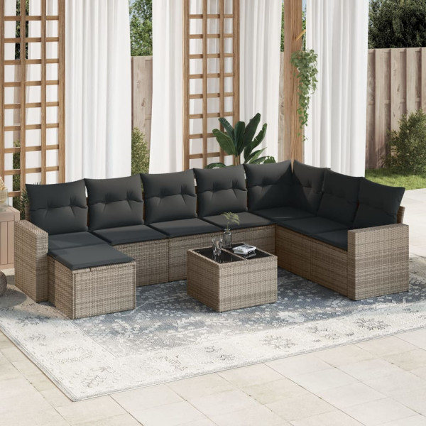 Set de muebles de jardín 9 pzas y cojines ratán sintético gris D