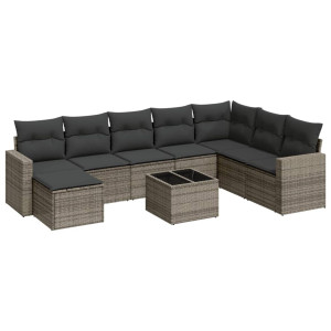 9 pcs conjunto sofás p/ jardim com almofadões vime PE cinzento H