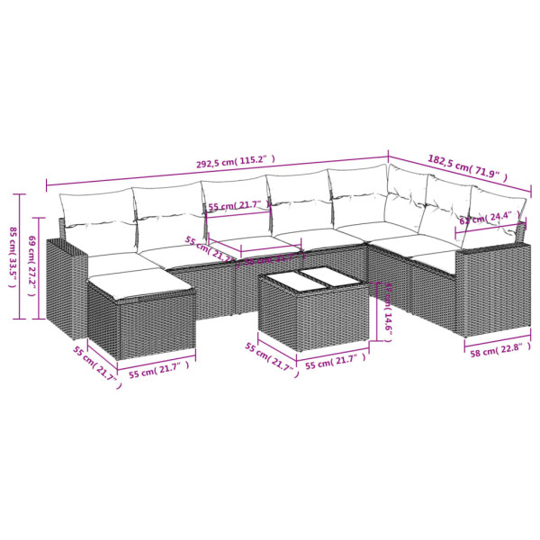 Set de muebles de jardín 9 pzas y cojines ratán sintético gris M 3